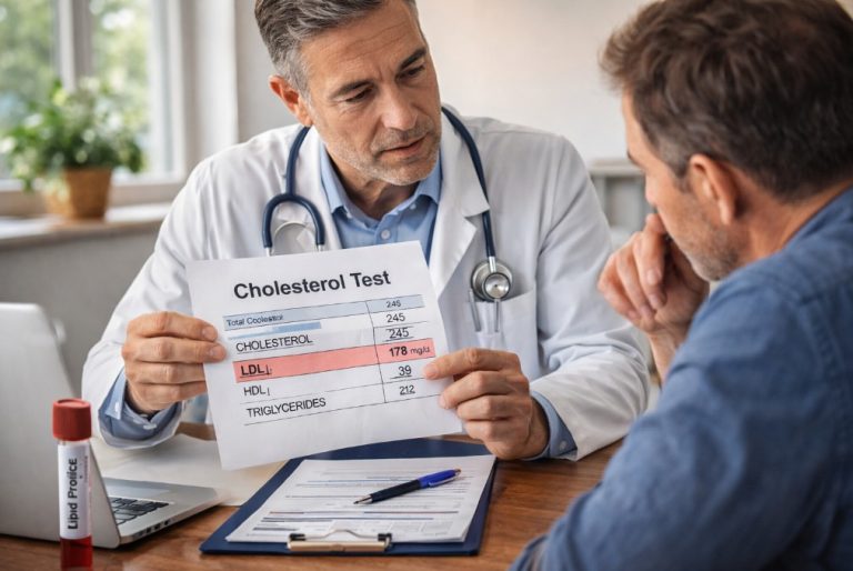 colesterol marit – pacient discutand rezultatele analizelor cu medicul