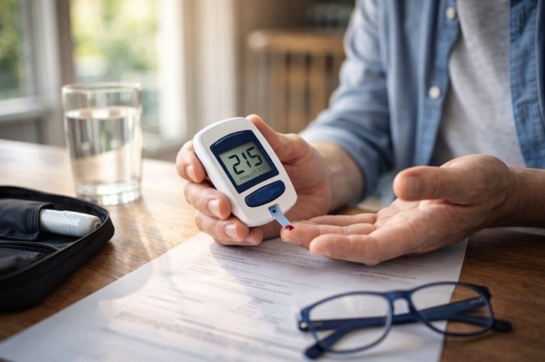 semne timpurii ale diabetului – persoana verificand glicemia acasa