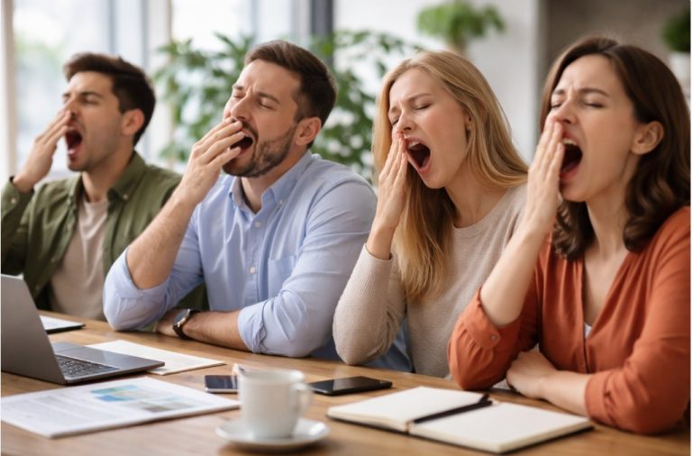 de ce cascatul este contagios – oameni care cască intr-un birou, reactie in lant