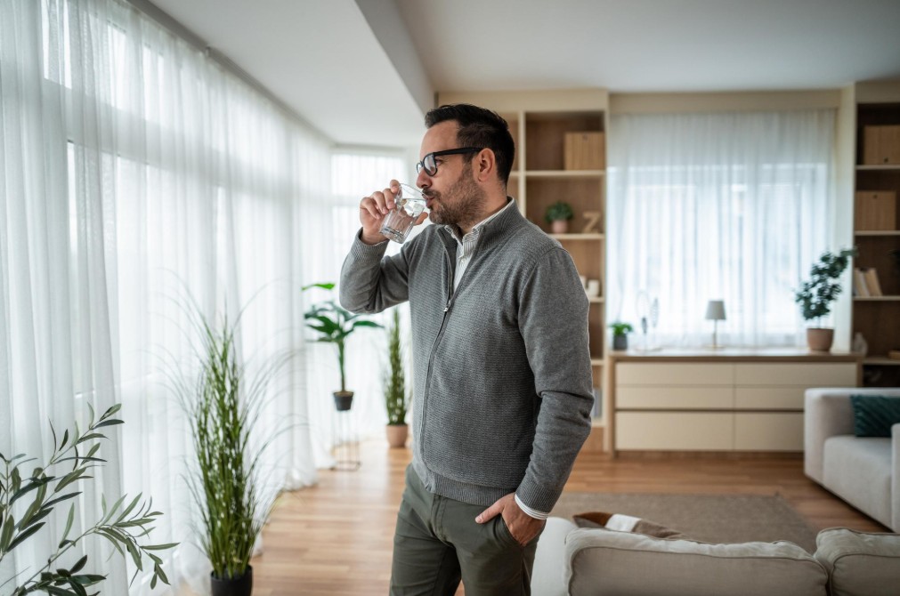 Man drinking coffee in bright roomsemne deshidratare – persoana care bea apa